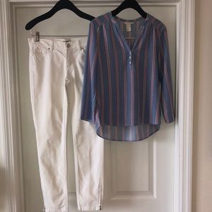 White House Black Market skinny jeans with stripe cotton blouse.
